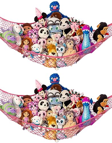 Stuffed Animal Hammock 2 Pack | Corner Stuffed Animal Storage & Plushie Net | Toy Hammock for Stuffed Animals | Holds 12lbs | Easy Hang, All Hardware Included | Coral Bedroom Decor | by Lilly's Love - color: Coral, size: 2 Pack (L) - 67" x 47" x 47"