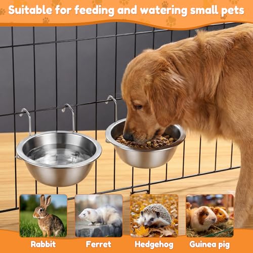 6 Pack Hanging Dog Kennel Bowls, No Spill Crate Water Bowl Food Feeder for Cage Removable Coop Cup with Hook Holder for Puppy Small Cat Ferret Rabbit Stainless Steel Dogs Dish 10 & 20oz