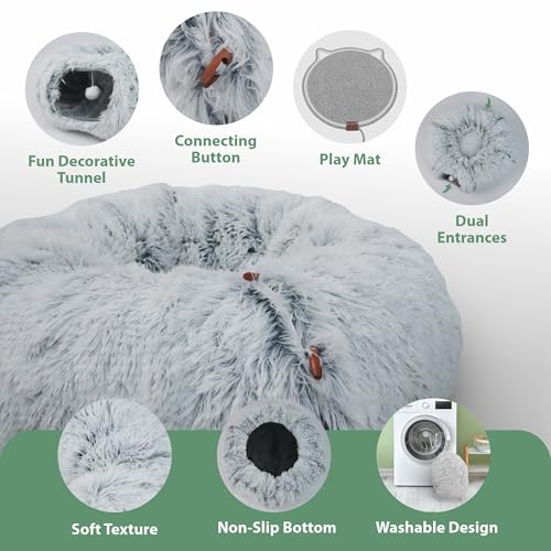 Cat Tunnel Donut Bed & Cat Scratch Pad, Interactive Cat Tunnels for Indoor Cats, Fits Multiple Cats Up to 15 lbs, Cozy and Durable Cat Hideaway Toy for Kittens, Puppies, Rabbits (Grey)