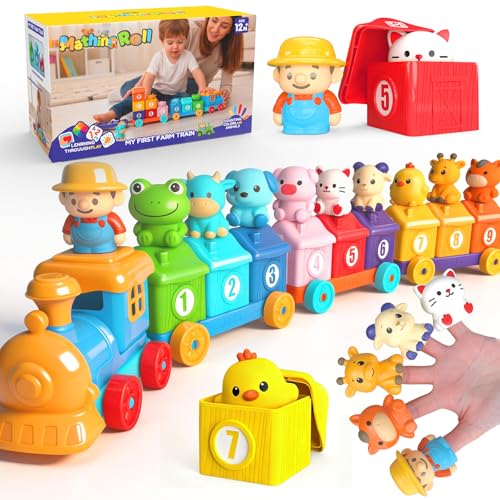 Toddler Learning Toys for 2 3 Year Old, Counting Matching & Sorting Montessori Train Set with 9 Farm Animals Finger Puppets, Birthday Gift for Baby Boys Girls