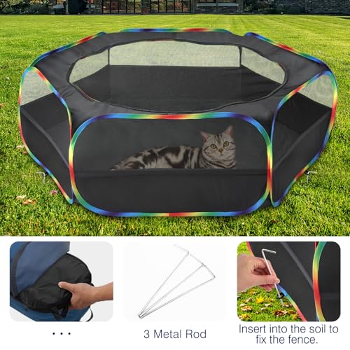 Pawaboo Small Animal Playpen with Zippered Cover, Black + Rainbow | Portable pop-up pet tent for supervised rabbits, guinea pigs, chicks and kittens; water-resistant bottom and 3 metal rods - color: Black + Rainbow