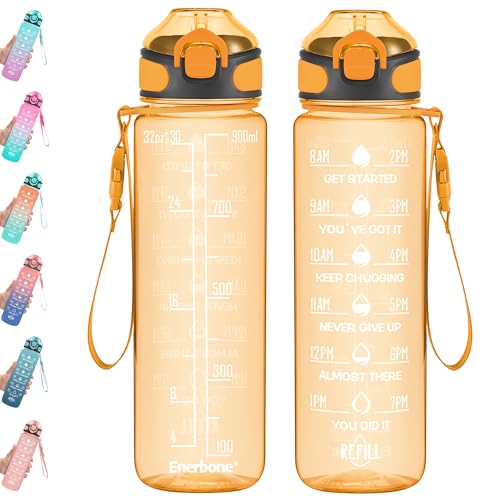 Enerbone 32 oz Water Bottle with Times to Drink and Straw, Motivational Drinking Water Bottles with Carrying Strap, Leakproof BPA & Toxic Free, Ensure You Drink Enough Water for Fitness Gym Outdoor - color: Orange