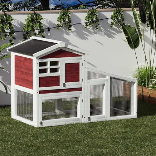 2-Tier 54" Wooden Rabbit Hutch with Non-Slip Ramp & Removable Tray – Indoor/Outdoor Bunny Cage with Weatherproof Asphalt Roof for Rabbits, Guinea Pigs, Rufous White - color: Rufous White