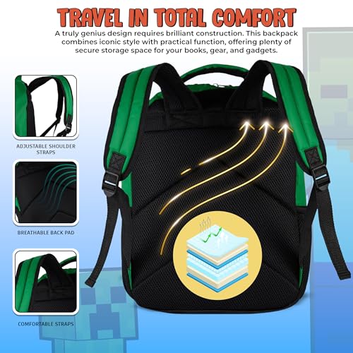 AI ACCESSORY INNOVATIONS Minecraft Backpack for Boys & Girls, Big Face Creeper School Bag with Front Pocket, TNT Rubber Molded Dangle, Green - style: Minecraft