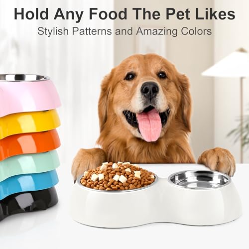 Double Dog Bowls Set – Non-Slip Pet Food & Water Dishes with Resin Stand, Includes Small (1 Cup) & Medium (2 Cups) Bowls – Ideal for Puppies and Cats – White - color: White, size: Medium