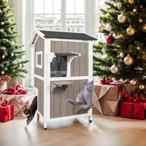 Outdoor Cat House Weatherproof Cats Shelter for Feral Kitten Pet Houses for 1-2 Small Animlas 2 Story Wooden Houses for Indoor Outdoor Cats with Escape Doors (23.5" L x 27" W x 38" H Grey) - style: 23.5"L x 27"W x 38"H GREY