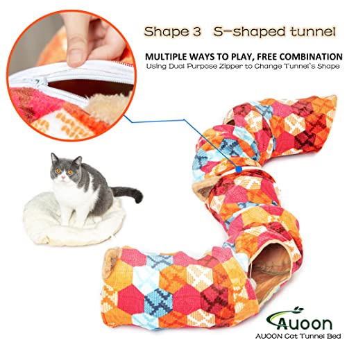 AUOON Cat Donut Tunnel with Bed for Kitten Puppy Rabbit Ferret, Orange | 2-in-1 Interactive Cat Toy, with Hanging Ball Toy, Machine Washable Center Pad, 36"L x 36"W x 10.7"H - color: Orange