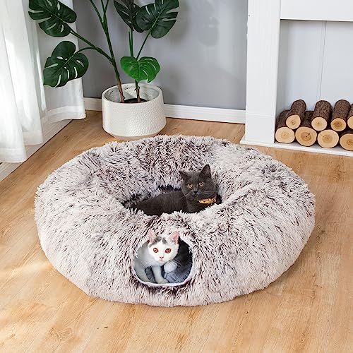 Warm Fluffy Plush Cat Tunnel Bed Under Christmas Tree Big Tube Playground Toys 3 FT Diameter Longer Crinkle Collapsible 3 Way, for Indoor Cat Kitty Kitten Puppy Rabbit Ferret Brown - color: Brown