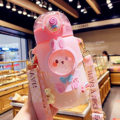 Kawaii Water Bottle Cute Water Bottles with Straw, Kawaii Bear Water Bottle with Adjustable Strap and Stickers - for School Outdoor Travel, BPA-Free, 24oz (Pink Rabbit) - color: Pink Rabbit