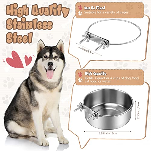 Zopeal 4 Pcs Stainless Steel Dog Bowls No Spill 1 Quart Hanging Dog Crate Water Bowl Cage Puppy Bowls Pet Food Holder for Kennel Large and Medium Dogs Guinea Pig Rabbit Chicken Coop Cup
