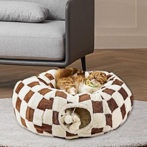 Cat Tunnel Bed with Washable Cushion for Indoor Cat, Donut Cave Tube Toys for Kitten Puppy Rabbit, Brown - color: Brown