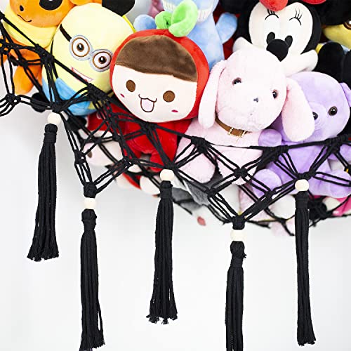 Large Stuffed Animal Net Toy Hammock with Tassel-Corner Hanging Net for Plush Toy Holder Boho Macrame Toy Display,Toy Storage Organizer for Kids Room, Nursery, Bedroom