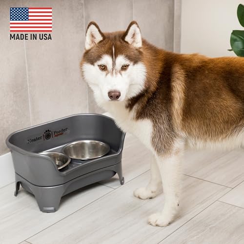 Neater Feeder Express Mess Proof Dog Bowls Elevated for Medium and Large Breed – Made in USA – No Spill Raised Slow Feeder Elevated Dog Bowl Stand, Slow Feed Food and Water Bowl Set, Grey - color: Gunmetal Grey, size: Medium to Large w/ 9 Peak Slow Feed B