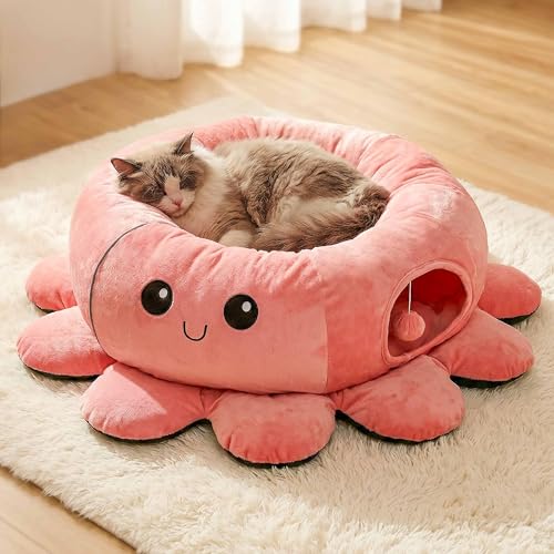 Cat Tunnel Bed with 20 Cat Toys, Collapsible Play Tunnel for Indoor Cats, Kitten Toys for Indoor Kittens, Octopus Shaped - color: Pink