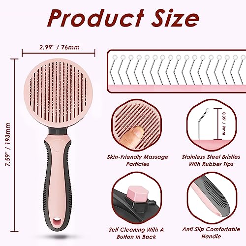 Pet Hair Brush, Cat Brush Self Cleaning Slicker Brush, Dog Brush for Shedding and Grooming, Pet Brush for Short and Long Haired Dogs Cats Rabbits, Removes Loose Undercoat & Tangled Hair (Pink)
