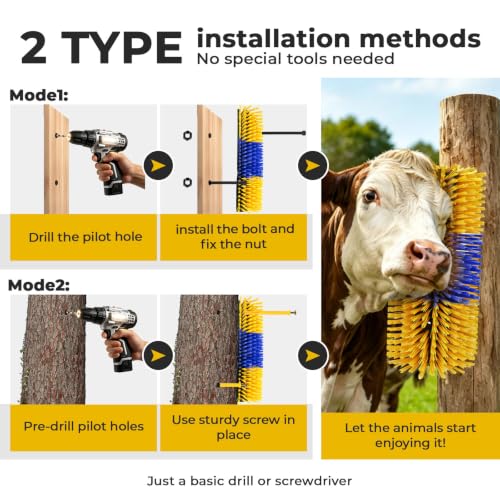 2PCS Horse Scratcher Goat Brush Post, Livestock Scratching Brushes | Stiff Bristle, Itch Relief, Self-grooming, Full Massage, Livestock Scratch Brushes w/Durable Screws Cleaning Tool and Gloves - color: Yellow