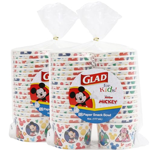 Glad Disney Mickey and Friends Disposable Snack Bowls, 6 Oz, 32 Ct, 2-Pk | Heavy-duty paper, soak-proof, no lids, soup ice cream and everyday treats - size: 32 Count (Pack of 2)