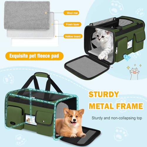 HUANLANG Large Cat Carrier Soft Sided Travel Pet Carrier Airline Approved | Dog Carriers for Small Dogs Medium Cats,Collapsible,3 Storage,zipper lock,Reflective strips,Luggage Strap, Up to 15 Lbs - color: Army Green