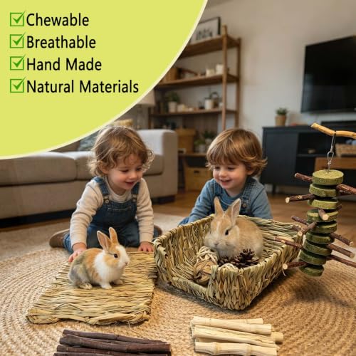 Bunny Grass Bed Mat 21Pcs Rabbit Chew Toys Set Hand-Made Woven Hay Mat | Wood&Bamboo Sticks and Timothy Grass Cake&Ball,Small Animals Teeth Grinding Chew Treat Toy for Guinea Pig - size: 21pcs