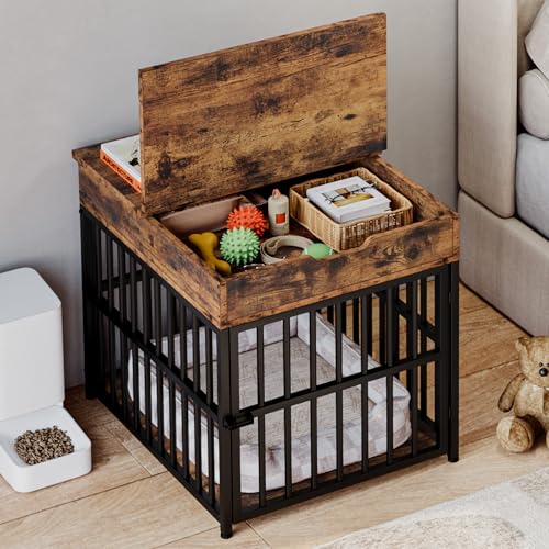 IRONCK Dog Crate Furniture for Small Dogs, Rustic Brown | Wooden Dog Kennel with Flip Top Drawer, Indoor Pet Crate End Table with Charging Station, Steel-Tube Dog Cage - color: Rustic Brown