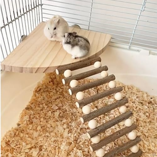 Hamster Wooden Platform with Ladder, Natural Small Animal Standing Platform Cage Accessories for Small Animals, Rat, Chinchilla, Dwarf Syrian, Hamsters, Gerbils, Mice, Degus, Guinea Pig
