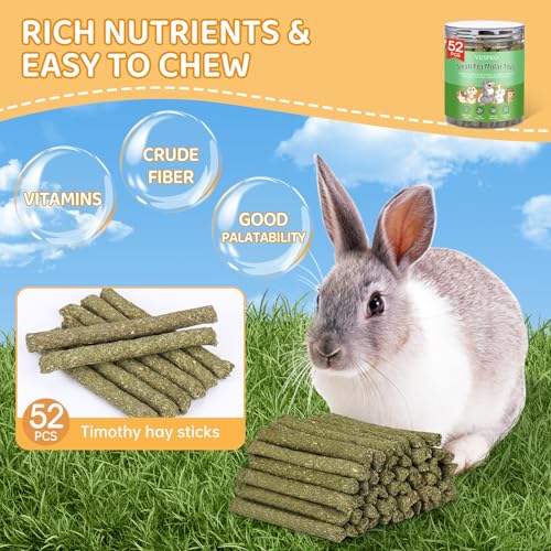 52Pcs Rabbit Chew Sticks, Guinea Pig Toys, Natural Timothy Hay Teeth Stick | Timothy Grass Molar Teeth Stick, Guinea Pig Timothy Hay, Chew Toys for Bunny, Rabbits, Hamsters, Small Animals Treats - size: 52P-Green-Set