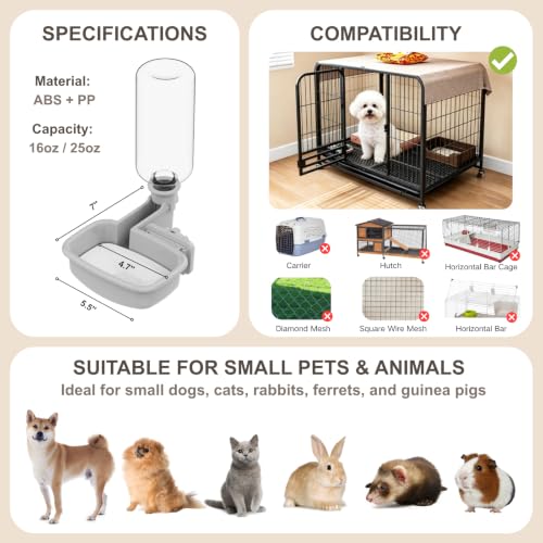 Pet Water Bottle for Cage, Anti-Overflow Gravity Water Bowl Dispenser for Puppies, Cats, Rabbits, Ferrets, Guinea Pigs, and Other Small Animals (Gray, 25oz) - size: 25oz