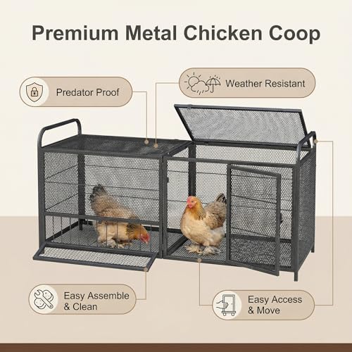 63 Inch Heavy Duty Metal Chicken Coop with Bottom Mesh Floor, Portable Chicken Cage with Feeding Door and Top Access, Outdoor Rabbit Hutch for Chickens Ducks Bunnies Quail - size: 63.0"L x 24.0"W x 29.9"H