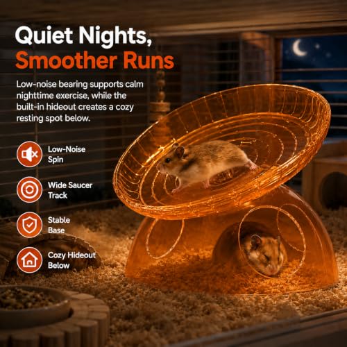 Silent Hamster Wheel with Hamster Hideout, Quiet Flying Saucer Exercise Wheel for Dwarf Hamsters, Stable Running Wheel, Small Animal Cage Accessory, Easy to Clean (Orange) | 2-in-1 flying saucer wheel with hideout, quiet spin, wide track, clear body, stab
