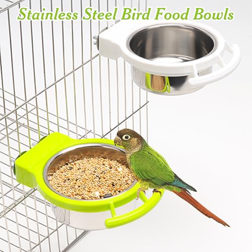 BNOSDM 2 PCS Bird Feeding Dish Cups Perch Stand Hanging Stainless Steel Bird Bowls Food Container Food and Water Bowls with Spoon for Budgie Cockatoo Finch Lovebirds Pigeons (White) - color: 2 Pcs White