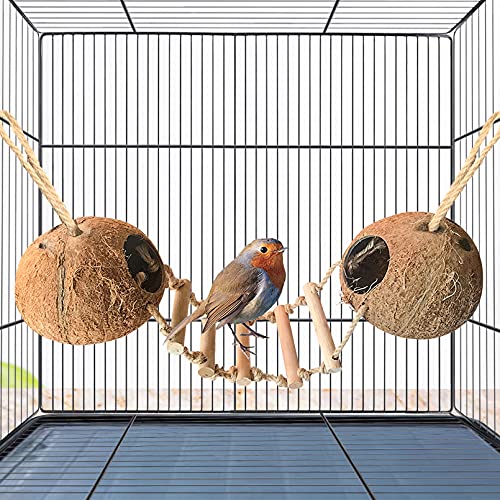 Bird Hides Coconut Nest with Wood Ladder,Syrian Hamster Cage Hanging Natural Coco Shell Hut Hide Toy with Wooden Bridge,Hollow Hideaway Toys for Small Animal Rat Lovebird Finches - size: 1PCS 22.04x13.38in