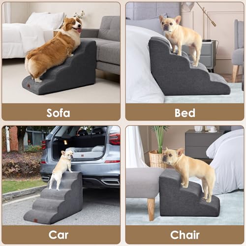 EHEYCIGA Curved Dog Stairs Ramp, 3-Step Dog Steps, 15.8" H Pet Step | 33D density of pure foam, for Small Dogs and Cats, Pet Stairs for High Bed Climbing, Non-Slip Balanced Pet Step Indoor, Grey