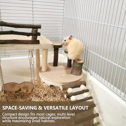 Wooden Hamster Playground & Activity Set, Hamster Climbing Toy, with Platform, Bridge, and Ladders for Small Pets (Wooden)