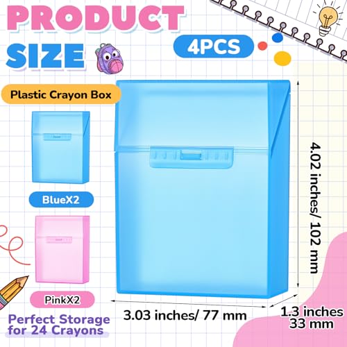 Clabby 4 Pcs Clear Plastic Crayon Boxes Hold 24 Count, Blue,Pink | Organizer Box, Case, Colorful, Portable Storage Holder with Snap Lid, for Boys Girls Kids School Classroom Home Art Supply - color: Blue,Pink
