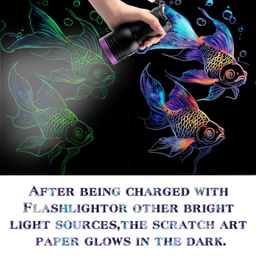 Gersoniel 8 Pack Scratch Paper Art Glow in The Dark Scratch Kit for Adult Rainbow Painting Paper Sheet with Pen / Cleaning Brush Noctilucent Engraving Scratchboard for Adults Craft Gift, Stress Relief - color: Whale,Jellyfish