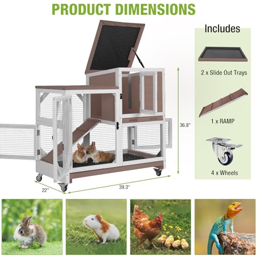 Gutinneen 2-Story Rabbit Hutch Bunny cage Wooden Rabbit Cage Indoor/Outdoor with Chew-Proof Ramp, 2 Leak-Proof Pull-Out Trays, Lockable Wheels for Rabbits, Guinea Pigs, Small Animals (Brown and White)