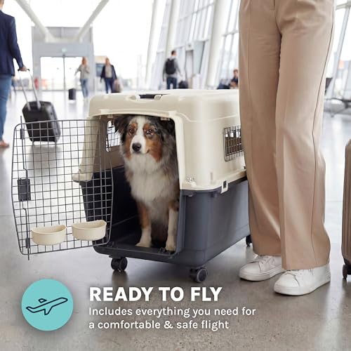 SportPet Airline Compliant LARGE 31.5" Travel Dog Kennel-Durable Plastic Airline Pet Carrier w/ Removable Wheels & Food Bowls, Collapsible Indoor/Outdoor Dog Kennel, Dogs up to 28"L & 20"H-Cream/Gray - color: Cream/Gray