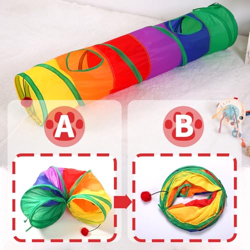 Pet Cat Tunnel, Long Straight Tunnels for Indoor Cats, Collapsible Pet Tunnel for Kitten, Puppy, Rabbit, 25cm-Wide Tunnels, Durable & Breathable, with Peek Hole Toy Ball - color: Long Straight Tunnel & Rainbow