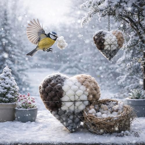 Handmade Alpaca Fiber Bird Nest Heart,Natural Nesting Material, Winter Nesting Material for Wild Birds and Hummingbirds | Garden Decoration, a Gift for Bird Lovers