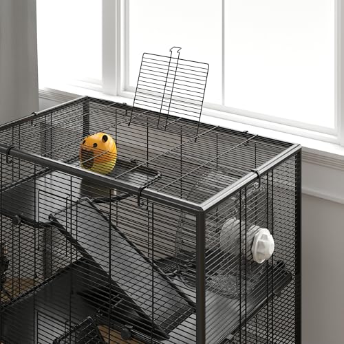PawHut Large Hamster Cage with 9" Deep Tempered Glass Bottom, 4 Tiers Hamster Tank with Running Wheel, Hut, Water Bottle, Dish, Rat Cage for Syrian, Dwarf, Gerbils, Mouse, 31" x 19" x 31.5", Black | 4 Tiers Hamster Tank, Running Wheel, Hut, Water Bottle,