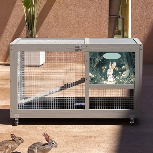 COZIWOW Fashionable Wood 36In Rabbit Hutch Indoor on Wheels Bunny Cage Outdoor Rabbit Cage with Clean Tray, Openable Roof, Anti-Slip Ramp for Small Bunny Rabbit (Grey with Pattern) - color: Grey