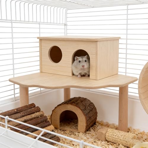 2-Piece Wooden Play Platform Set for Dwarf Syrian Hamsters Gerbils Mice Degus | Natural Pine Hamster Cage Accessories for Small Pets Climbing Resting and Hiding (1 Pack)
