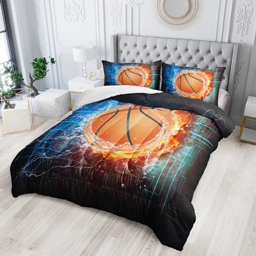 Nttopship Basketball Boys Comforter Set Queen Size Basketball Bedding Sets 3 Piece Sport Themed Bedding 3D Sport Microfiber Bedding Set for Boys Kids(1 Comforter and 2 Pillowcases) - color: Basketball, size: Queen