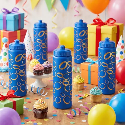 12 Pack Blue with Gold Ring Themed Party Favors 20 oz Reusable Plastic Water Bottles with Pull-top Lids, Cartoon Theme Water Bottles for Birthday Baby Shower Game Party decorations - style: Gold Rings