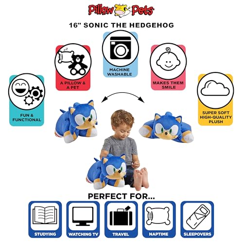 Pillow Pets Sonic the Hedgehog, 16" Plush Toy | Soft Plush Pillow Companion, Unfastens into a Cozy Pillow at Night, Machine Washable, BPA and Phthalates Free