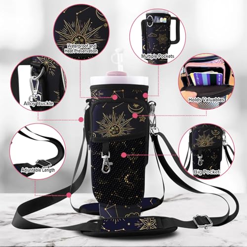 Stanley Carrier Bag for Stanley 40oz/30ozTumbler with Phone with 2 Adjustable Strap,3 Pockets Bottle Stanley Cup Carrier Bag & Case,Accessories for Hiking Travelling - color: Starry Sky