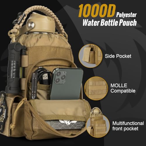ONETIGRIS 64oz Tactical Insulated Water Bottle with 3 Lids & MOLLE Pouch | 48H Cold and 24H Hot Double Wall,304 Stainless Steel Wide Mouth,BPA Free Leakproof Silicone Seal，Paracord Handle Easy Carry - color: Brown