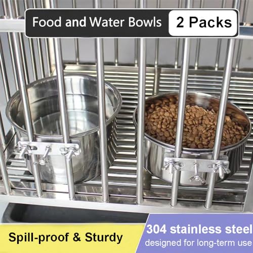 Dog Crate Water Bowl No Spill, 2 Pack Stainless Steel Large Dog Bowls, Hanging Dogs Kennel Water and Food Bowls for Crate Cage，Metal Feeder Dish Coop Cup for Medium Large Dogs Pets