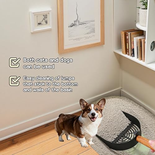 Chinshwehaw Premium Stainless Steel Cat Litter Scoop-Triple Guard Walls&Non-Stick Design,Silver,Flat Shovel Head Design Solid Deep Edge Wood Handle,Dual Hooks 1Pack,6.1x5.3inch (Black Long Strip) - color: Black