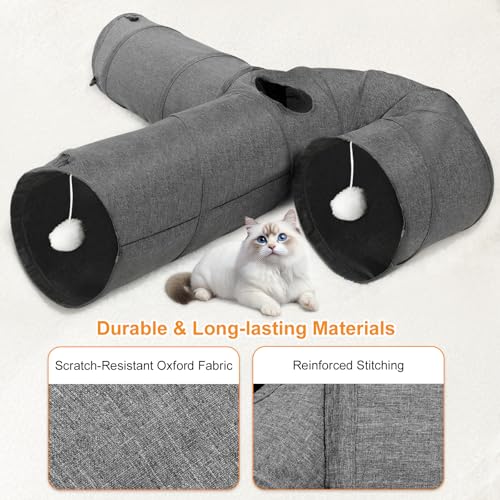Ownpets 12" Large Cat Tunnel 3-Way U-Shape Oxford Fabric for Large Cat | Silent oxford fabric no noise, expandable 3-channel design, with plush ball ,feather wand, peek hole, for multi-cat household - size: 12 Inches in Diameter
